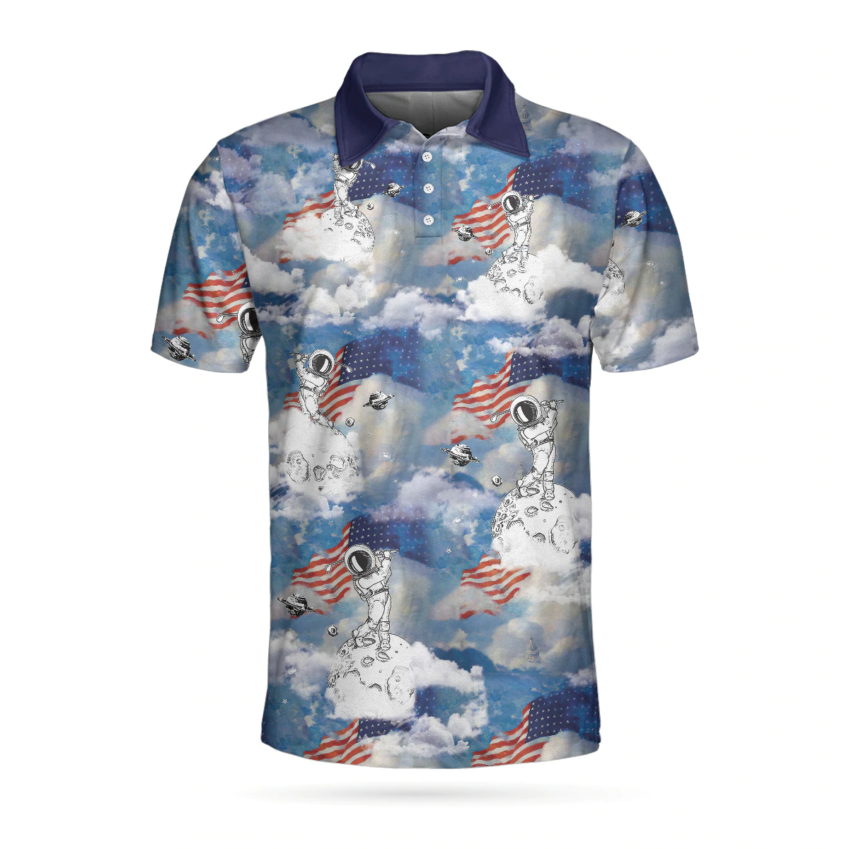 Astronaut Plays Golf In Space American Flag Polo Shirt For Men