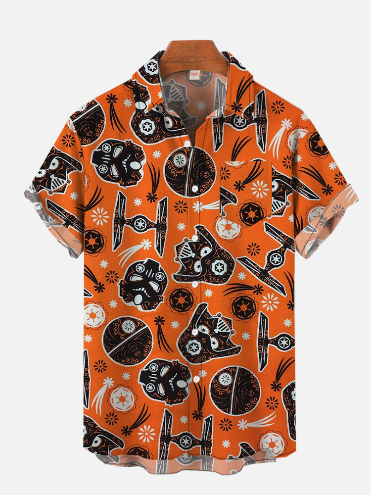 Orange Space Wars Flying Machines And Sugar Skull - Hawaiian Shirt