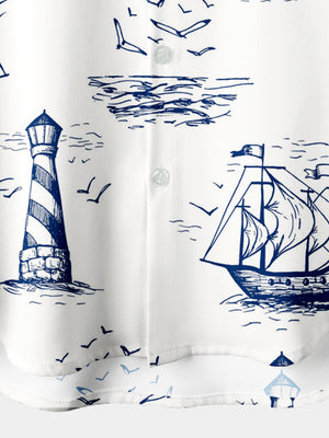 Blue Sailing, Lighthouse And Seagulls Pattern - Hawaiian Shirt