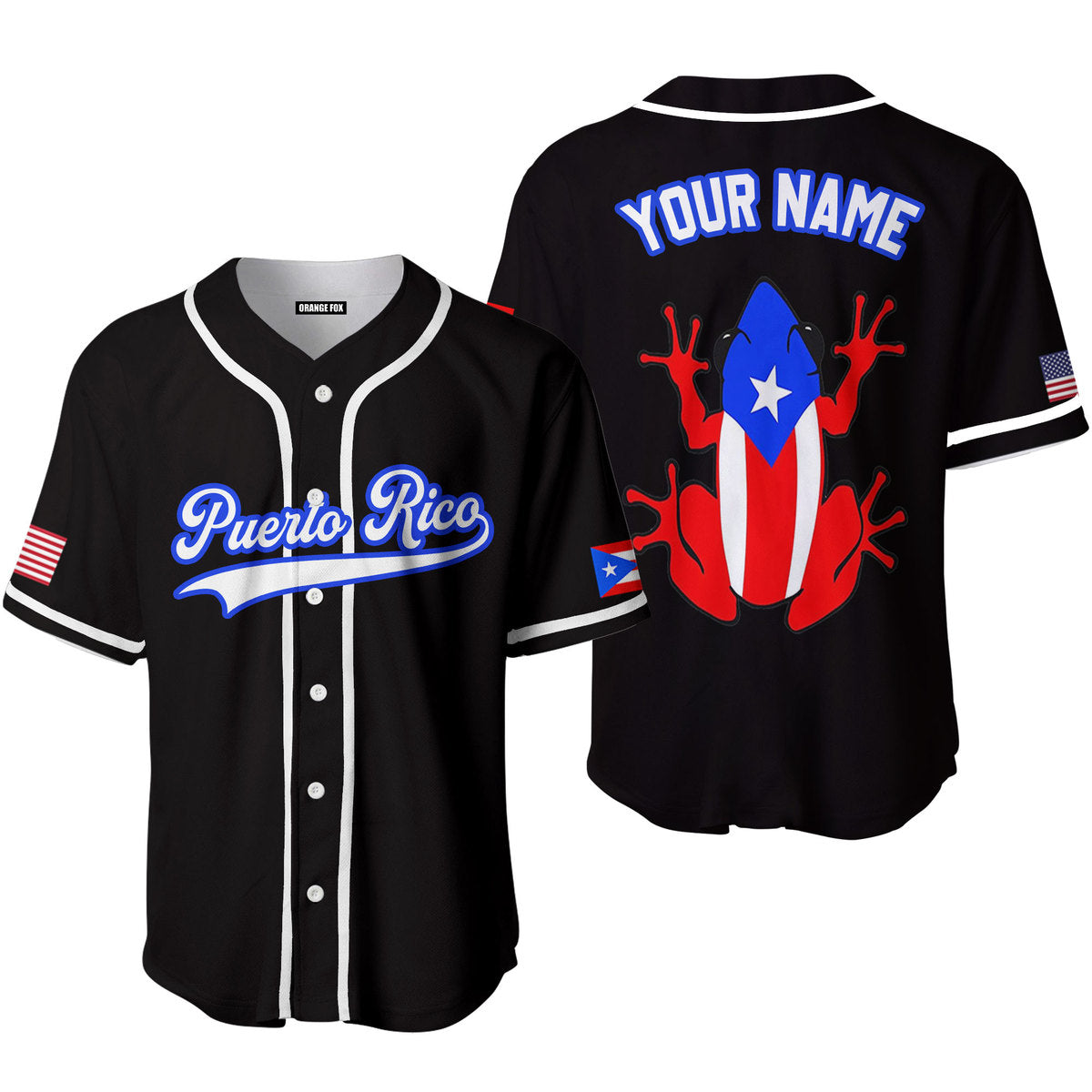 Personalized Puerto Rico Frog Black White Blue Baseball Tee Jersey