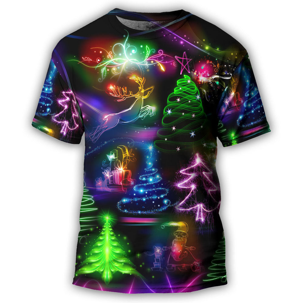 Christmas Neon Art Tree And Snowman Style T-Shirt