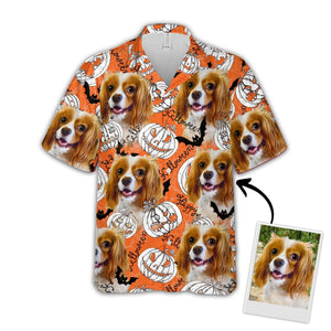 Custom Photo Pumpkin Pattern Neon Orange - Gift For Dog Lovers - Personalized Hawaiian Shirt