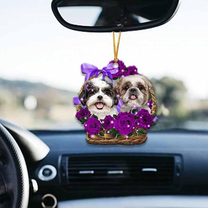 Shih Tzu Purple Rose Wicker Basket Shape Ornament - Gift For Dog Lover