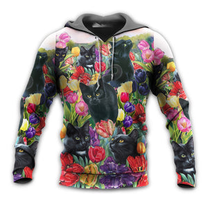 Black Cat Love Flowers Colorful - Hoodie