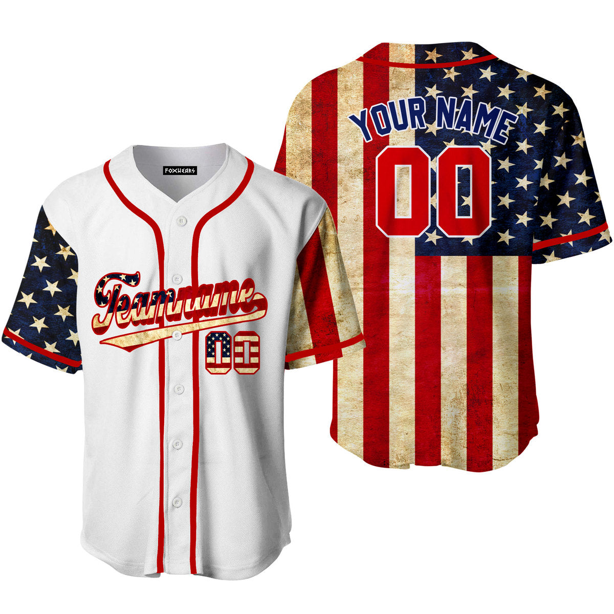 Personalized USA Flag White, Red And Blue Baseball Tee Jersey