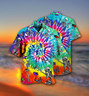 Hippie Skull Dancing With Butterfly Funny - Hawaiian Shirt