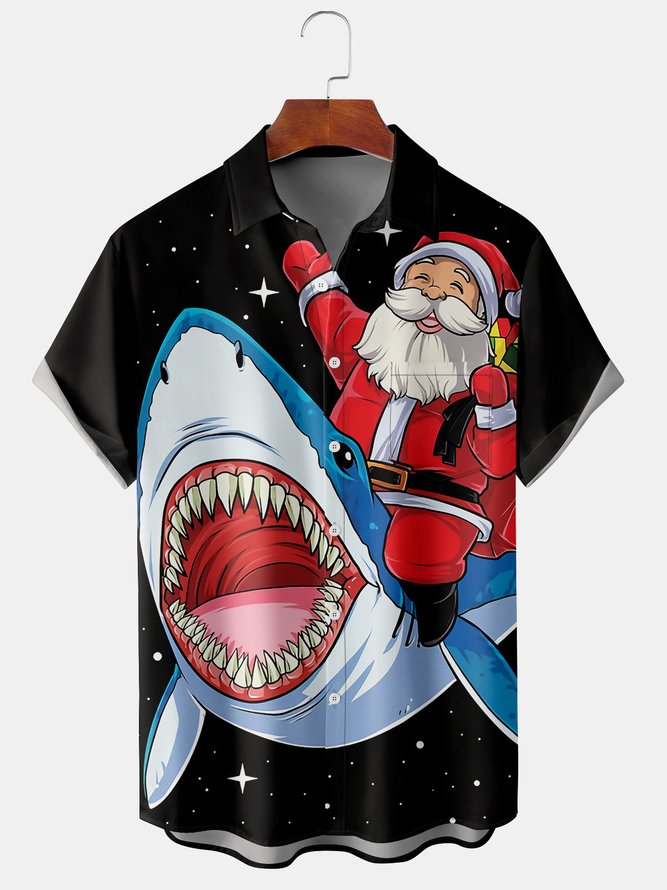 Christmas Santa And Shark In Night Sky - Hawaiian Shirt