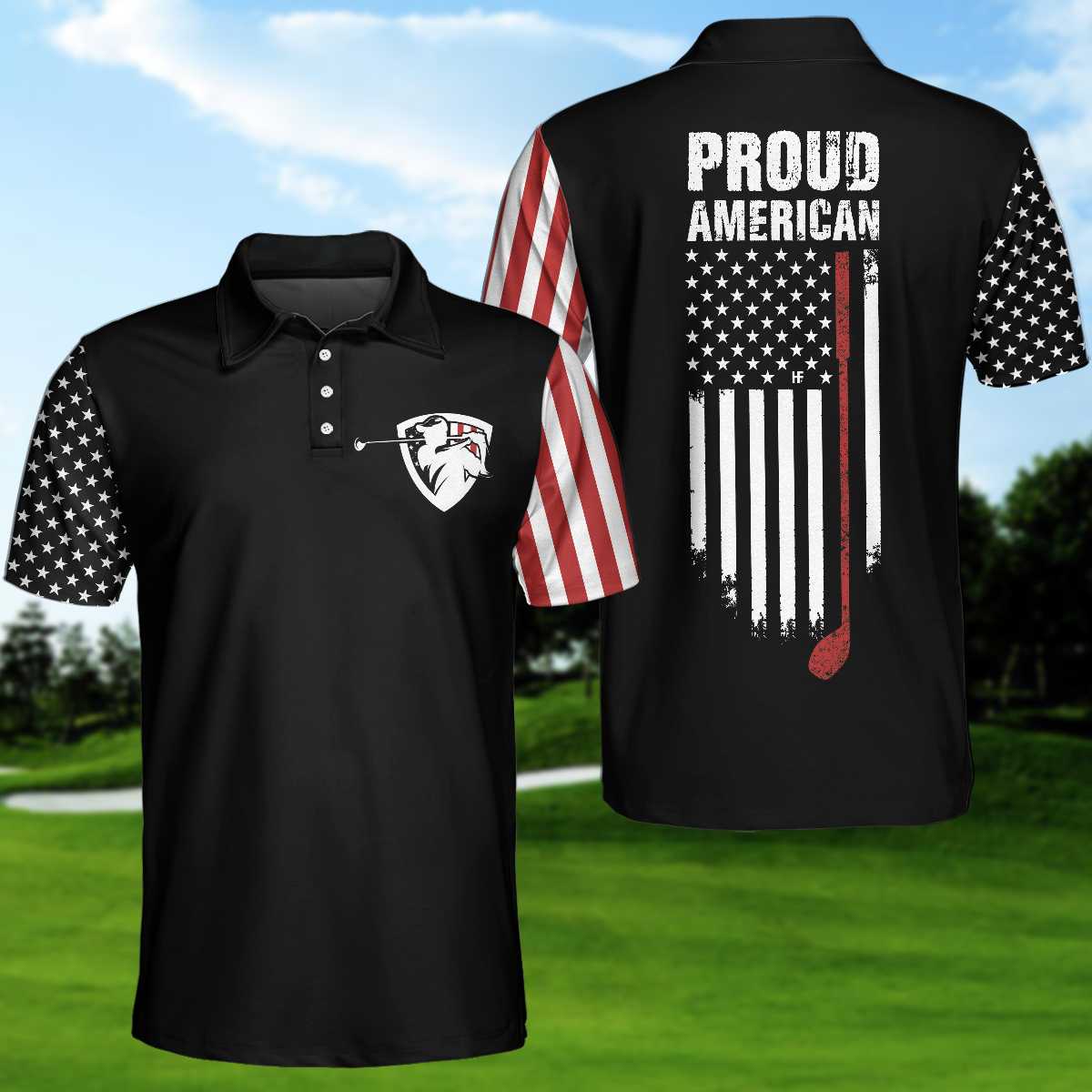 Proud American Dark Theme American Flag Patriotic Golf Polo Shirt For Men