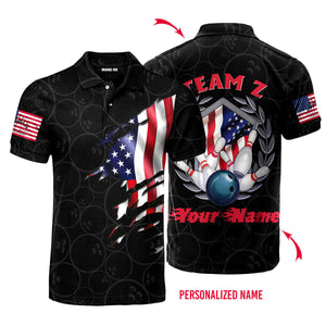 Custom Name Bowling Team American Flag - Personalized Men Polo Shirt