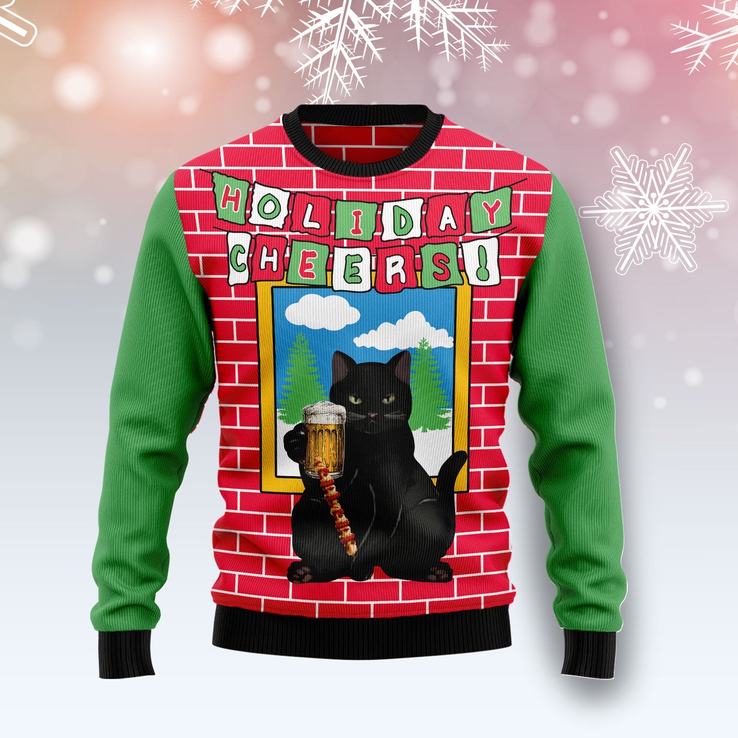 Holiday Cheer Black Cat Beer Christmas Funny Ugly Sweater