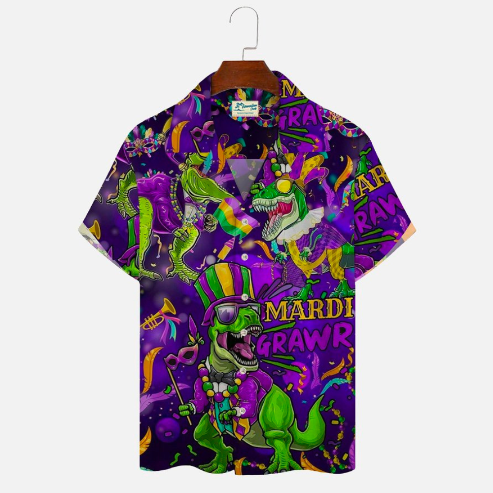 Mardi Gras Dinosaur Cartoon - Gift For Family, Friends - Hawaiian Shirt