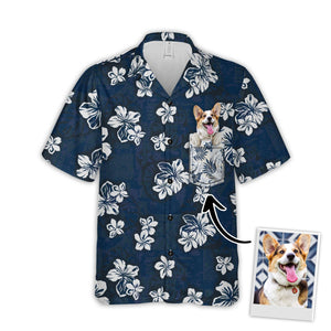 Custom Photo Tribal Elements And Hibiscus Flowers Navy - Personalized Hawaiian Shirt