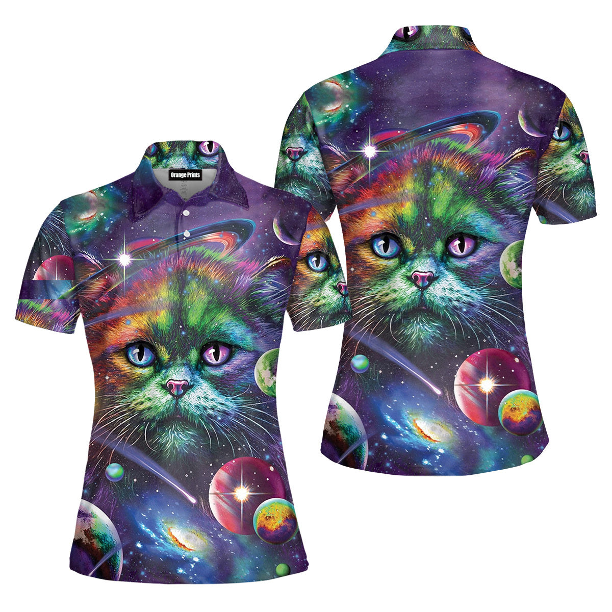 Colorful Rainbow Cat Space Galaxy Planet Polo Shirt For Women