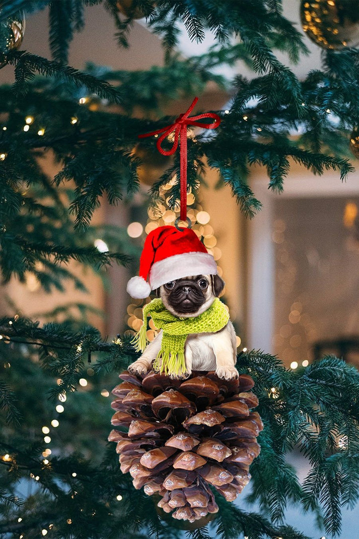 Pug Sit On A Giant Dry Pine Cone Shape Ornament - Gift For Dog Lover