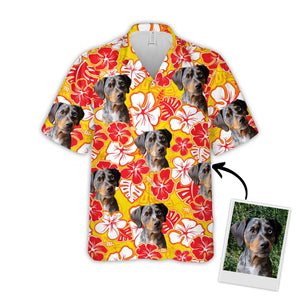 Custom Photo Leaves & Flowers Pattern Yellow - Gift For Dog Lovers - Personalized Hawaiian Shirt