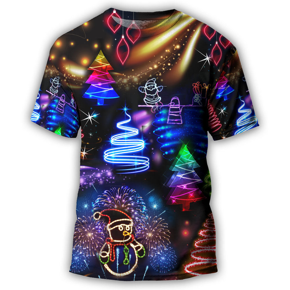 Christmas Neon Art Santa And Snowman T-Shirt