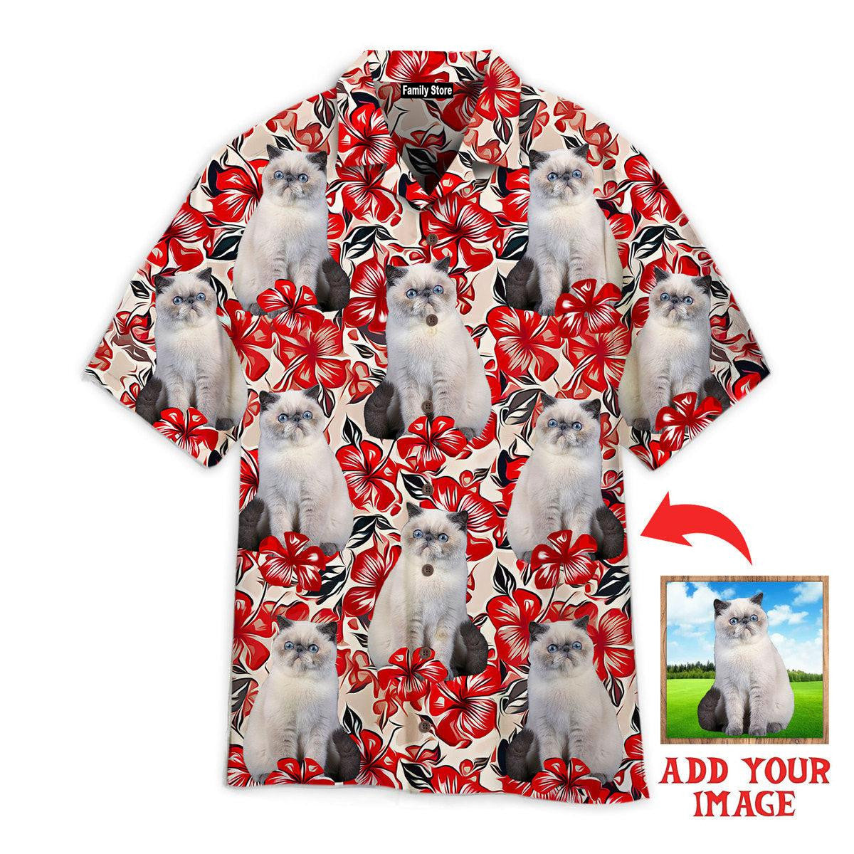 Custom Photo White Cat Red Flower - Gift For Pet Lovers - Personalized Hawaiian Shirt