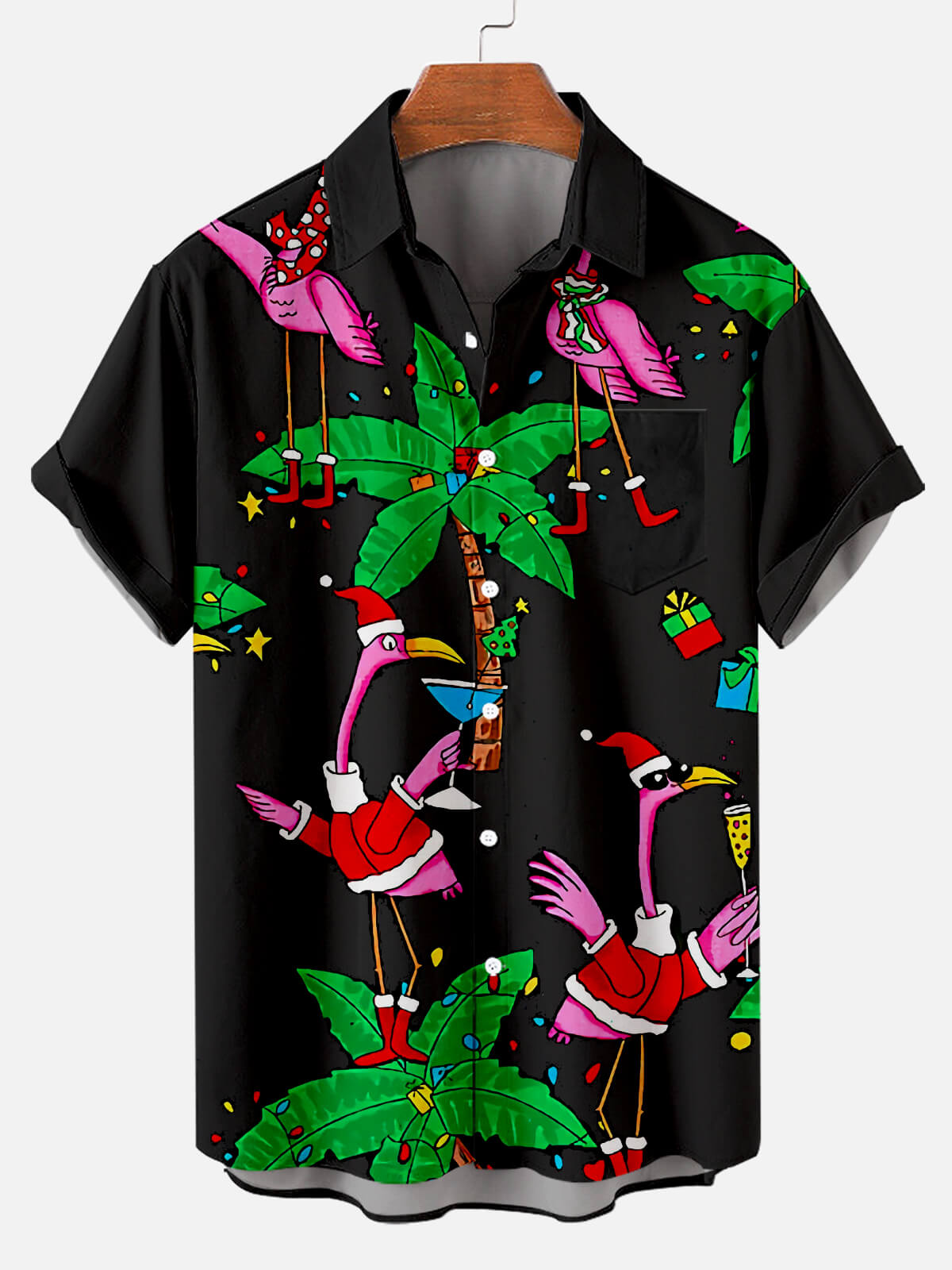 Christmas Flamingo Black - For Men And Women - Hawaiian Shirt