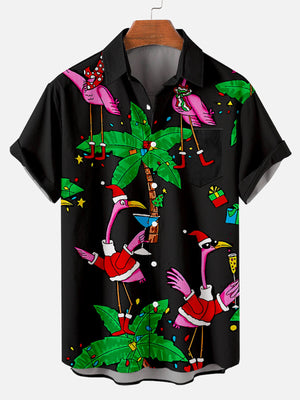 Christmas Flamingo Black - For Men And Women - Hawaiian Shirt