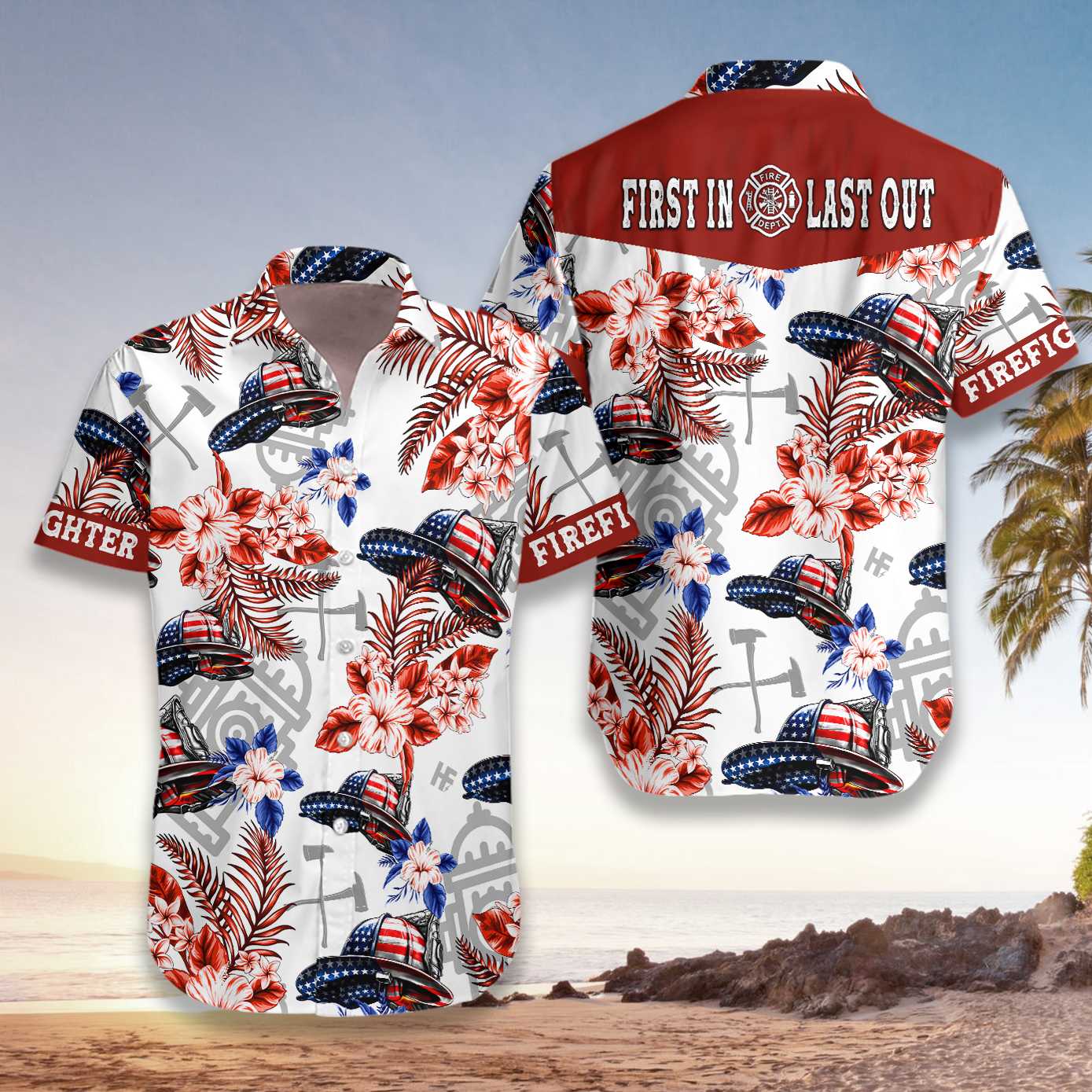 American Flag Firefighter Helmet Seamless Hawaiian Shirt