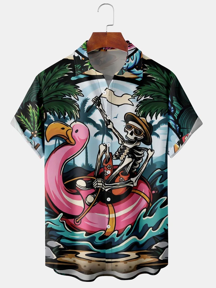 Flamingo Skull Floating Beach Party - Hawaiian Shirt