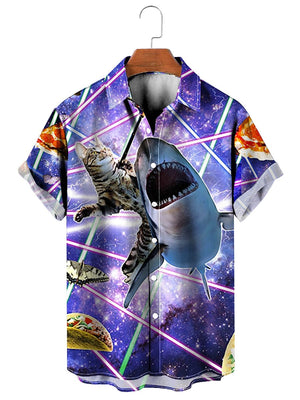 Outer Space Pizza Cat And Shark - Hawaiian Shirt