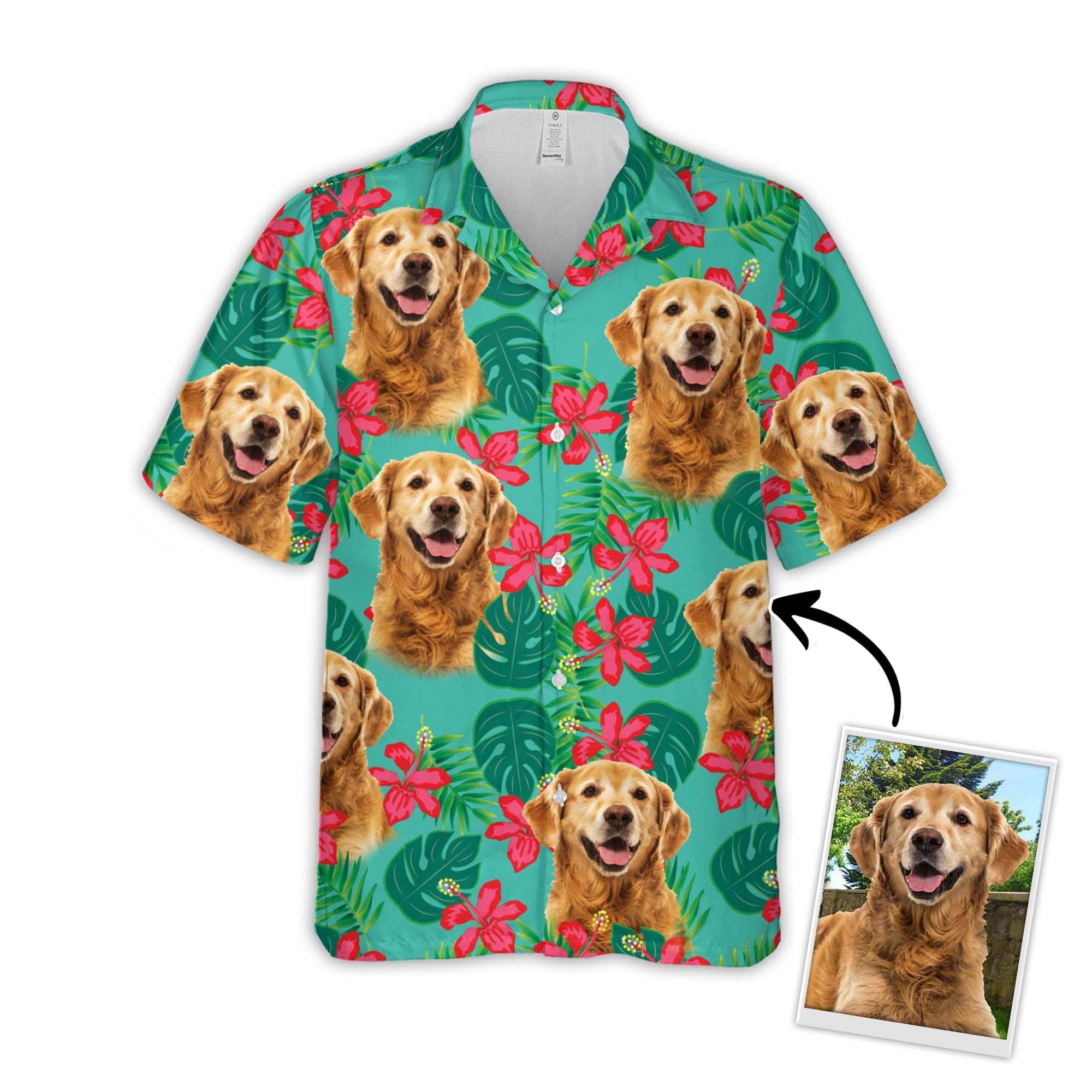 Custom Photo Green Leaves & Flowers Pattern - Gift For Puppy Lovers - Personalized Hawaiian Shirt