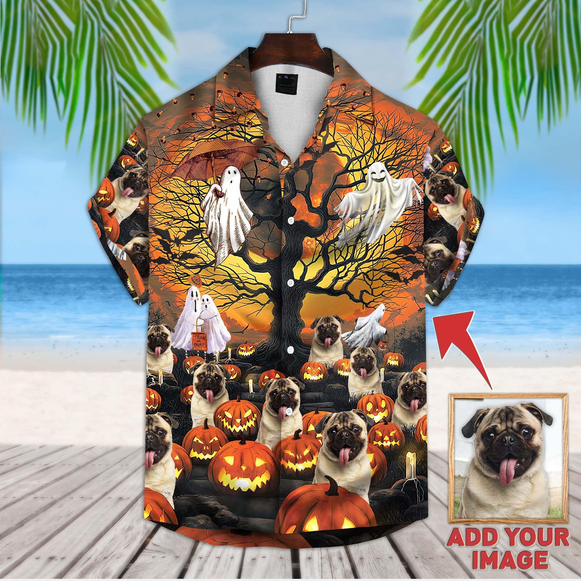 Custom Photo Pumpkin & Ghost Pattern Orange - Personalized Hawaiian Shirt