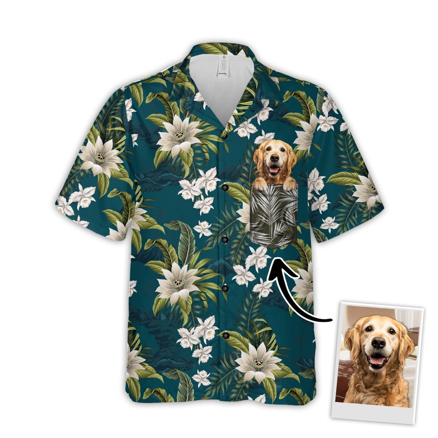 Custom Photo Tropical Vintage Flower Military Teal - Personalized Hawaiian Shirt