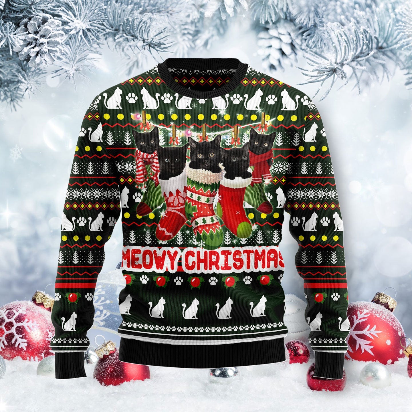 Meowy Black Cat Christmas Funny Ugly Sweater