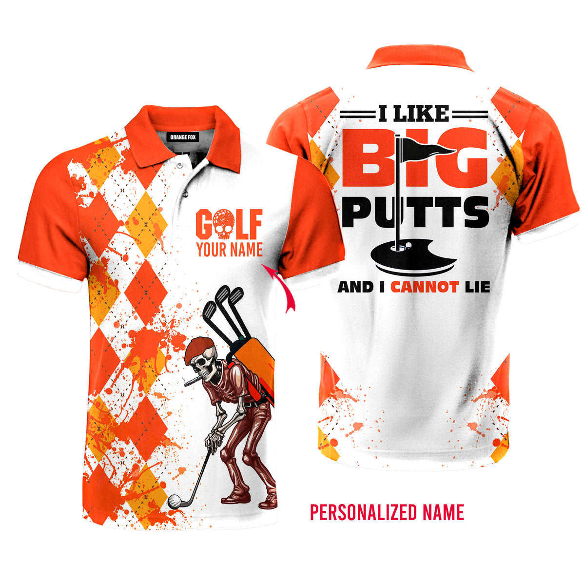 Personalized Skull Golf Orange Yellow Golf Polo Shirt For Men