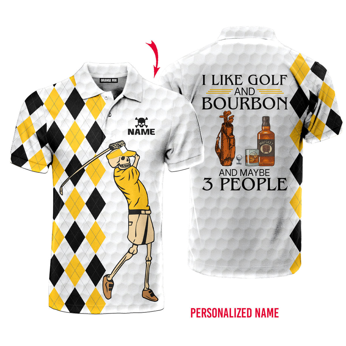 Custom Name I Like Golf and Bourbon Yellow Golf Skull - Personalized Men Polo Shirt