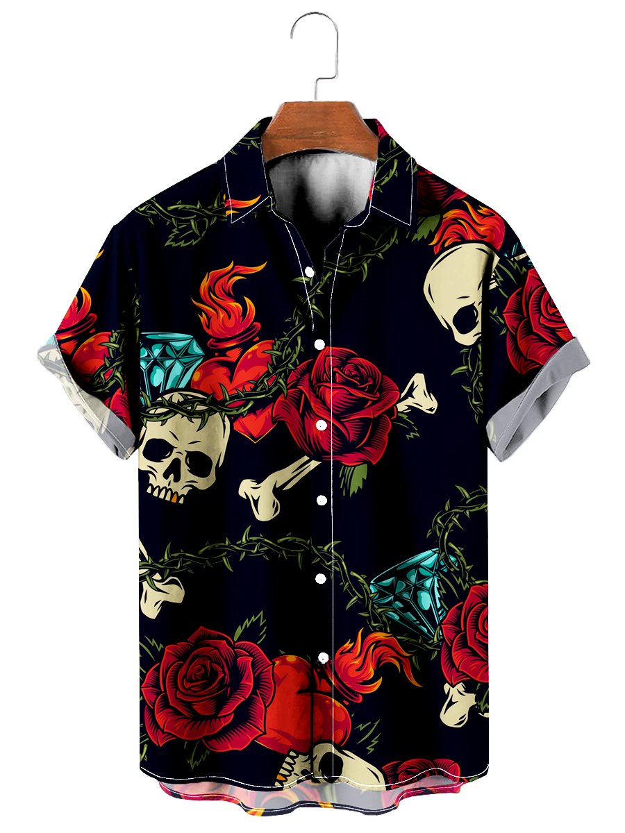 Vintage Black Skull Heart Rose Easy Care - Hawaiian Shirt