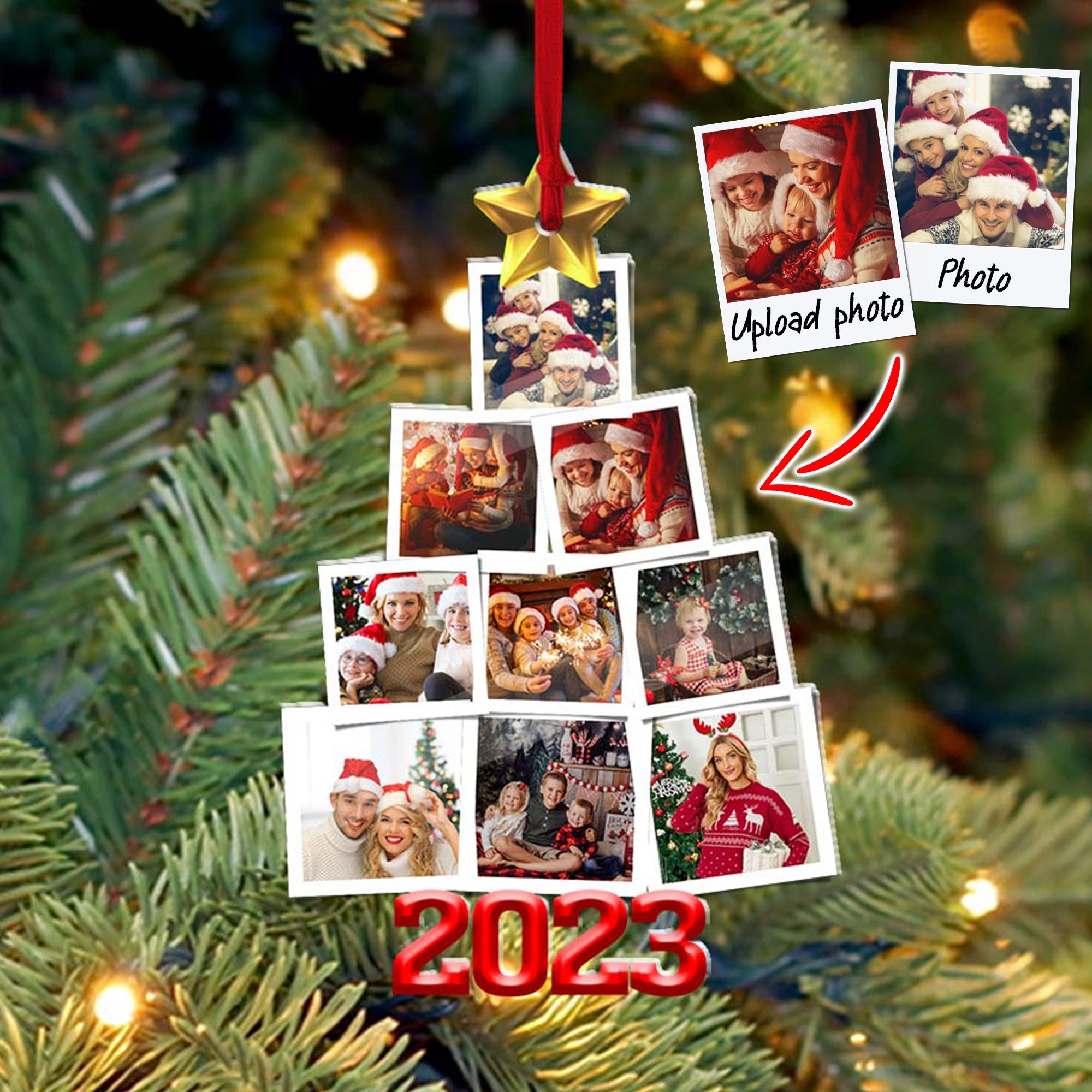 Christmas Tree Photos - Gift For Family - Custom 9 Photos, Personalized Acrylic Ornament -