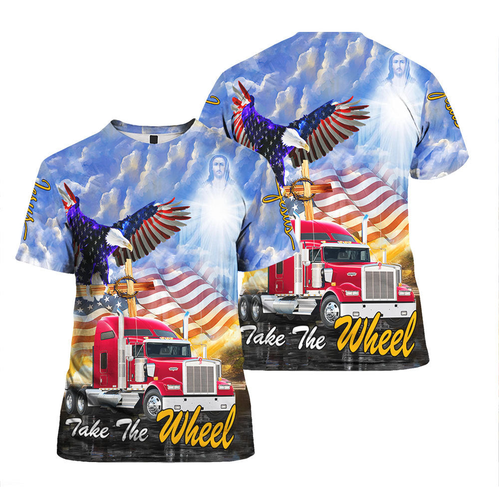 Jesus Take The Wheel Red Truck Cross Eagle USA Flag T Shirt