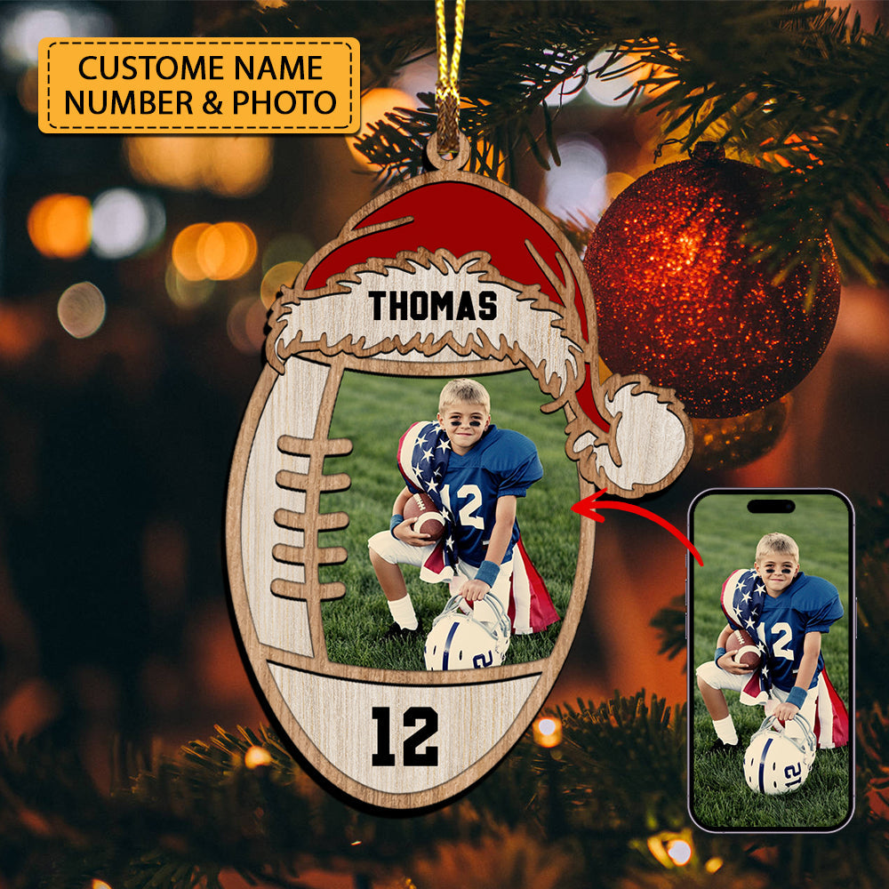 American Football, Gridiron Football Lover - Custom Photo And Name, Personalized Wood Ornament - Family Gift