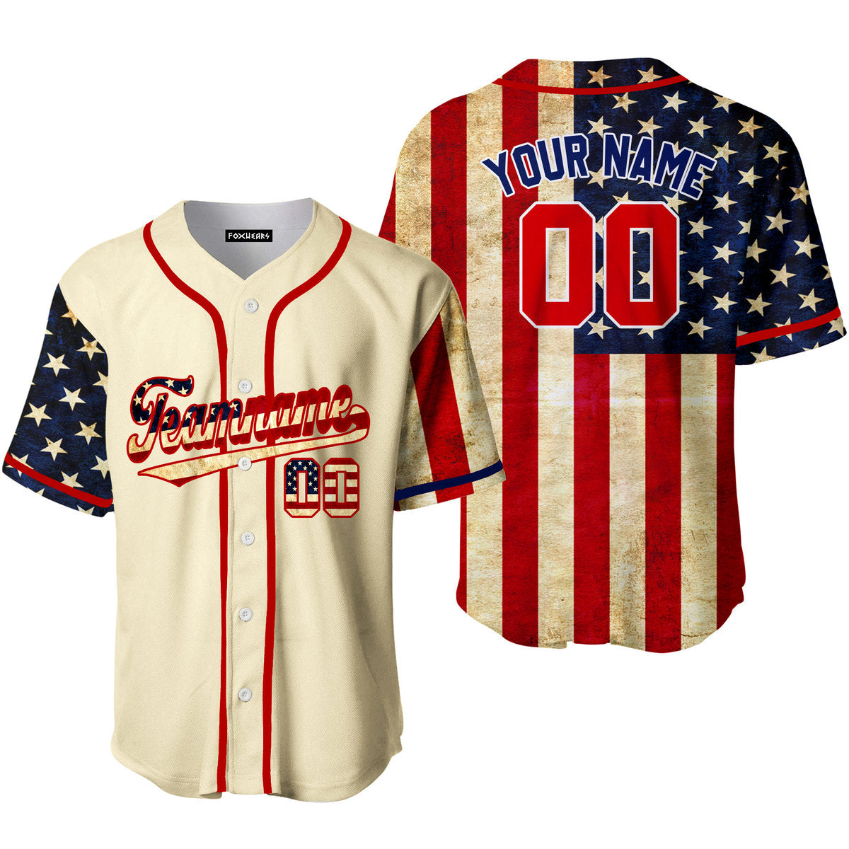 Personalized Cream, Blue And Red USA Flag Baseball Tee Jersey