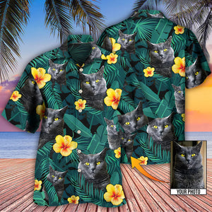 Custom Photo Black Cat Green Tropical - Gift For Pet Lovers - Personalized Hawaiian Shirt