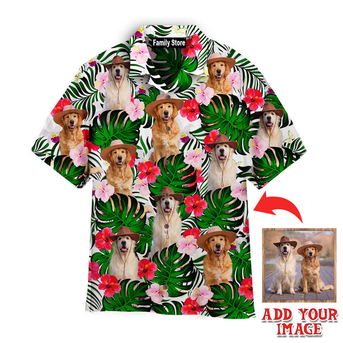 Custom Photo Golden Retriever Dogs Sitting Palm Leaves - Personalized Hawaiian Shirt