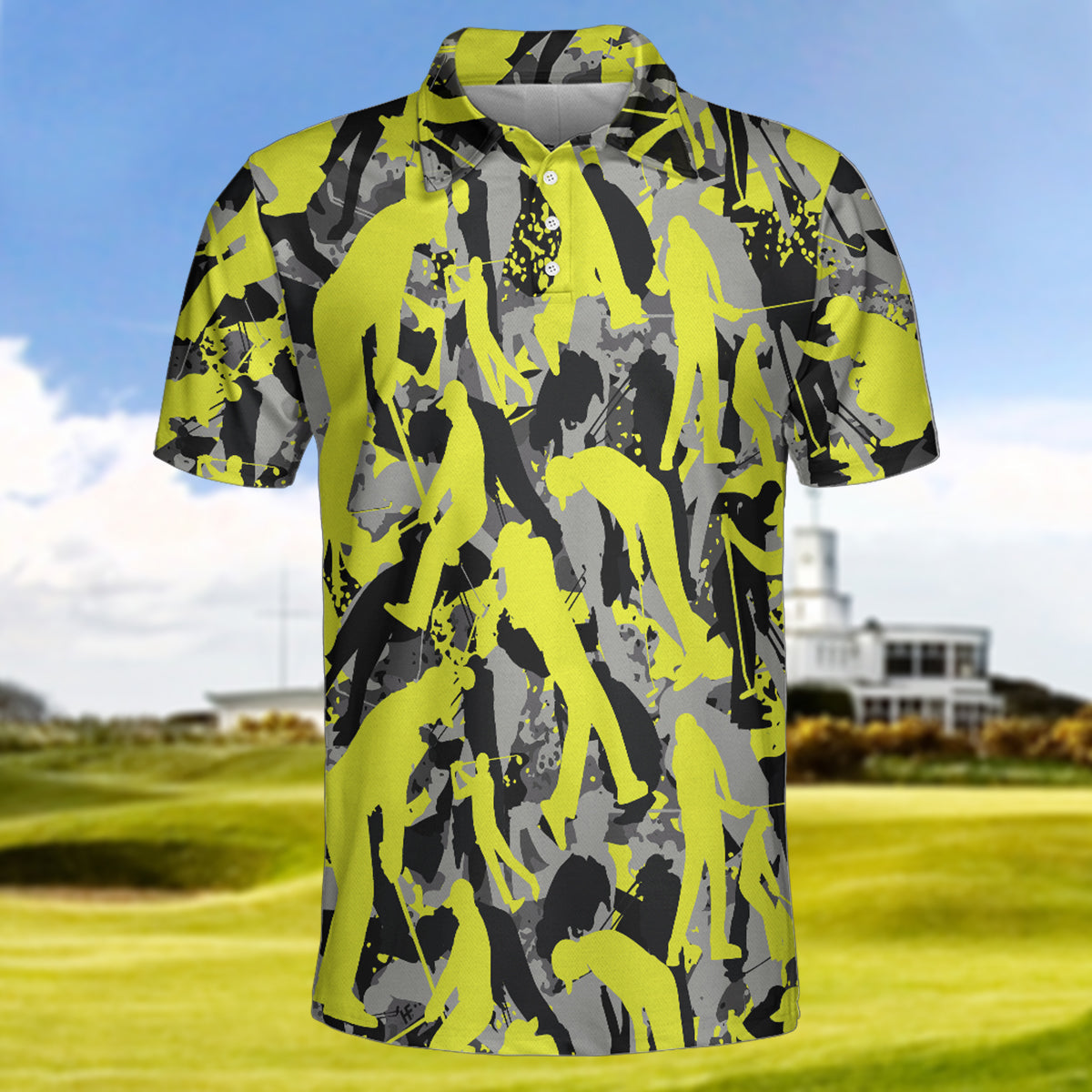 Light Green Pattern Yellow Silhouette Golfing Camouflage Golf Polo Shirt