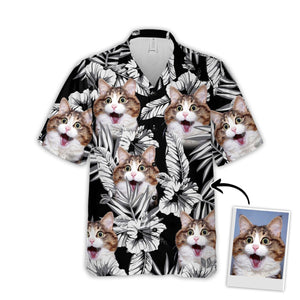 Custom Photo Cat And Flowers Black - Gift For Pet Lovers - Personalized Hawaiian Shirt