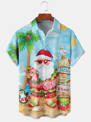 Christmas Santa Surfing With Flamingo On The Beach - Hawaiian Shirt