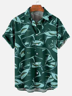 Deep Sea Shark Dark Green Pattern - Hawaiian Shirt