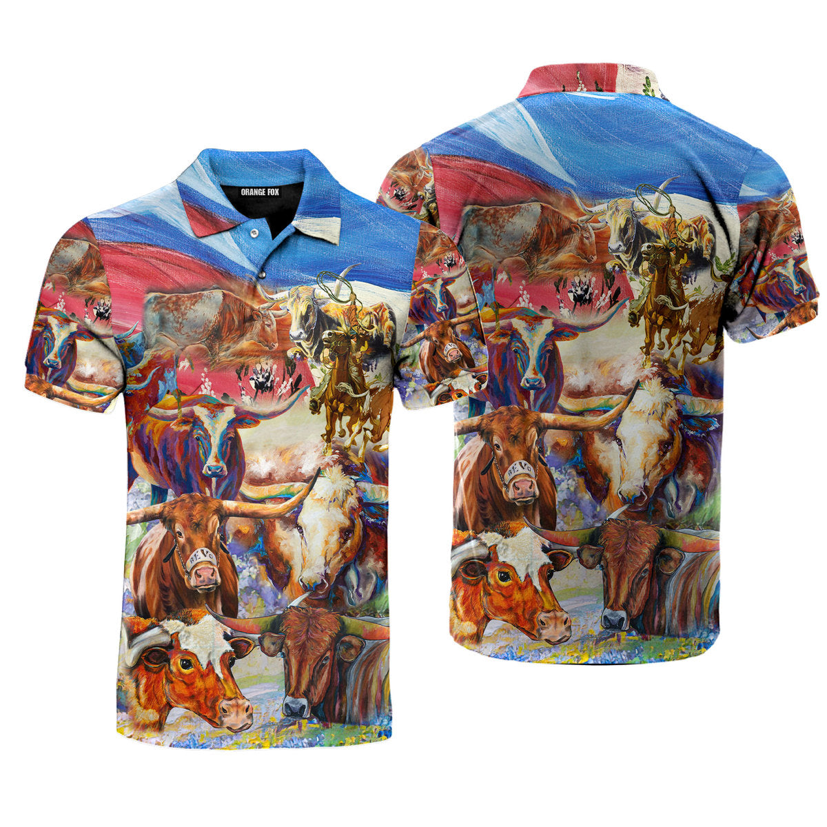 Texas Cowboy And Cows Colorful Watercolor Polo Shirt For Men