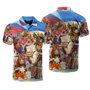 Texas Cowboy And Cows Colorful Watercolor Polo Shirt For Men