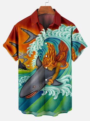 Shark Surfing In The  Ocean - Hawaiian Shirt