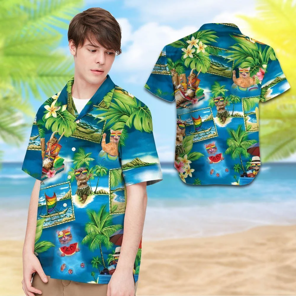 LGBT With Cats And Tropical Leaves - Hawaiian Shirt