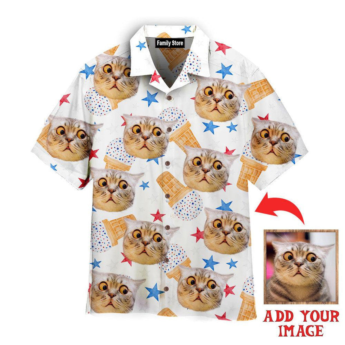 Custom Photo Surprised Cat Thinking About Ice Cream - Personalized Hawaiian Shirt