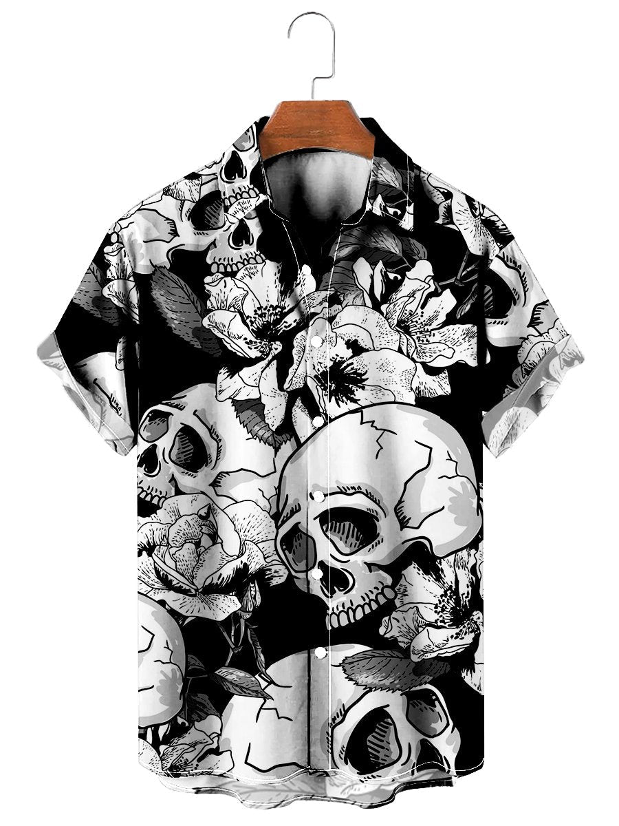 Vintage Black Skull Rose Easy Care - Hawaiian Shirt