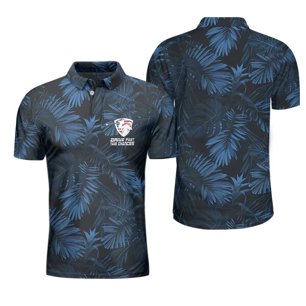 Black And Navy Blue Tropical Pattern Golfing American Flag Best Polo Shirt For Men